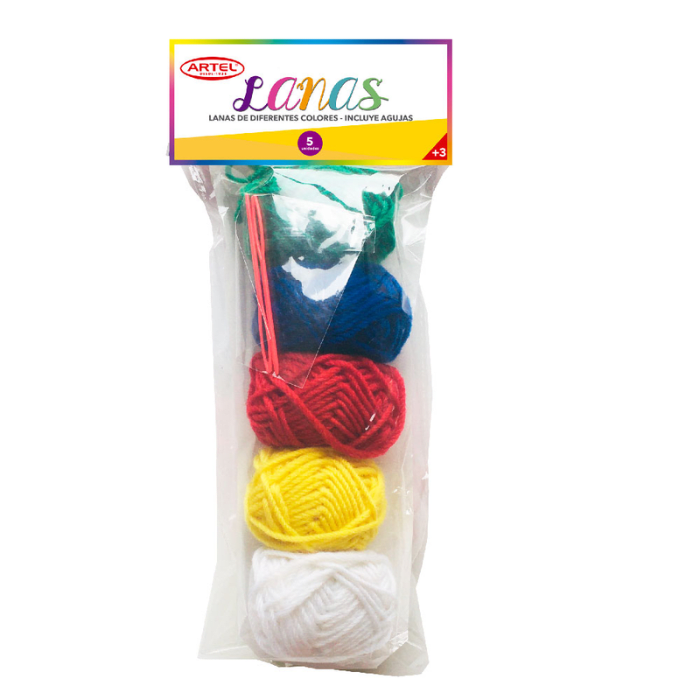5 Lanas Surtidas + 2 Aguja Lana Plastica Artel1