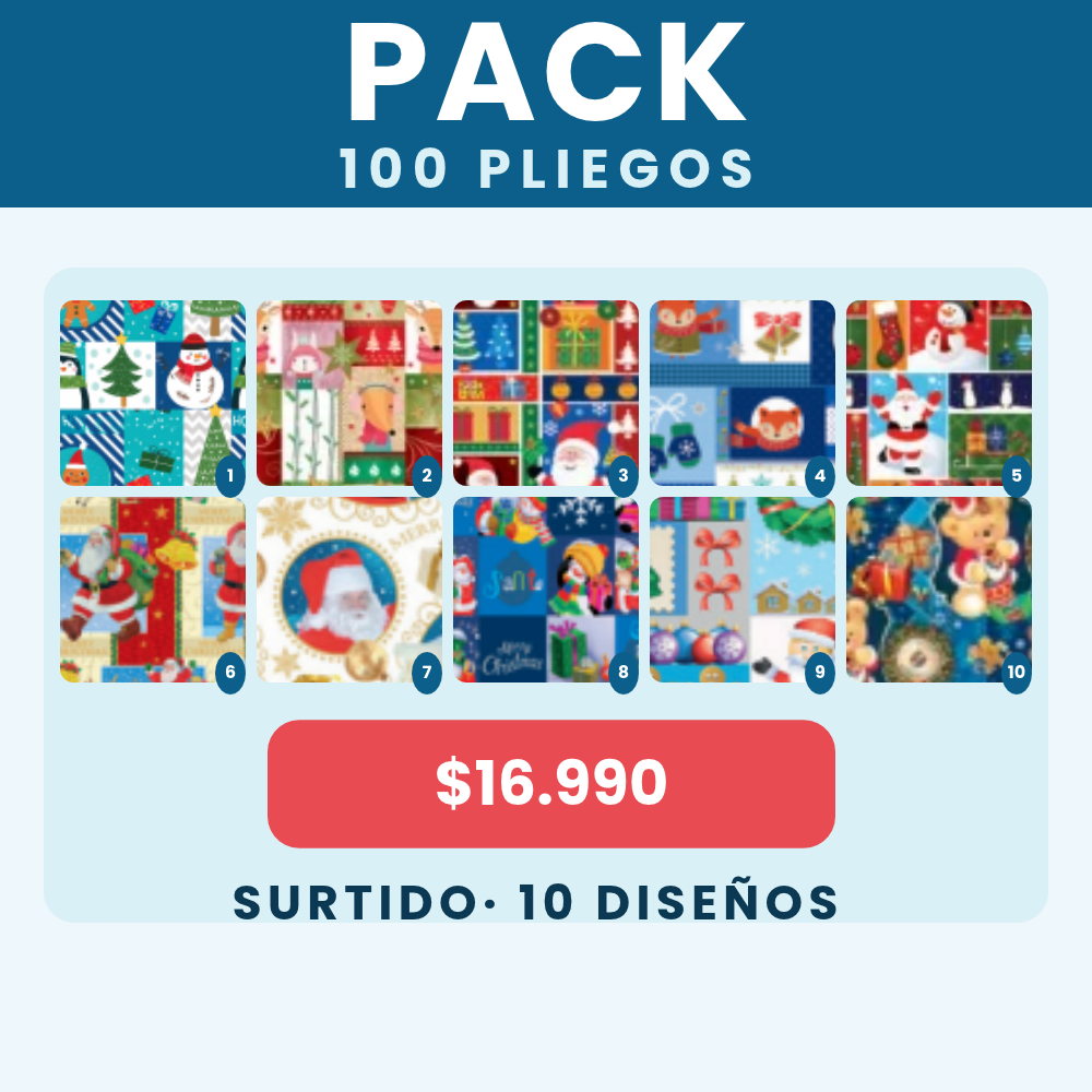 Pack 100 Pliegos Papel de Regalo Navidad 10 Dis. Surt.11