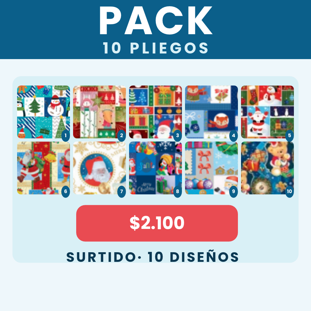 Pack 10 Papel de Regalo Navidad 10 Dis Surt11