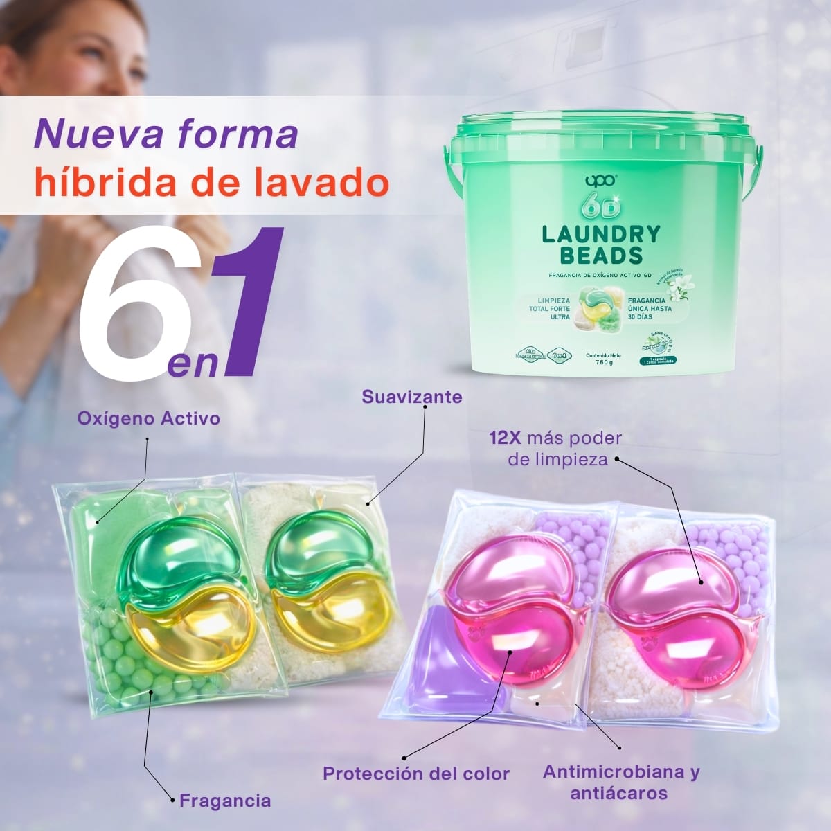 Detergente en Cápsula UPO-  76 cápsulas  6 en 1- aroma jazmín y pera verde4