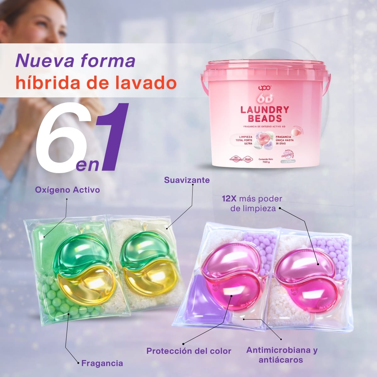 Detergente en Cápsula UPO- 76 cápsulas 6 en 1-  aroma melocotón y florales5