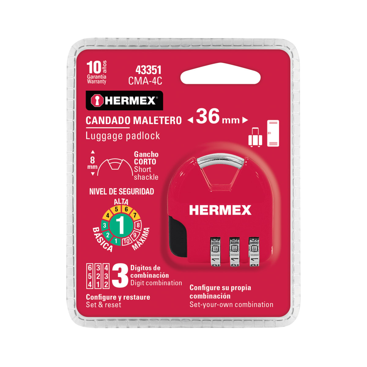 CANDADO MALETERO COMBINACION HERMEX CMA-4C4