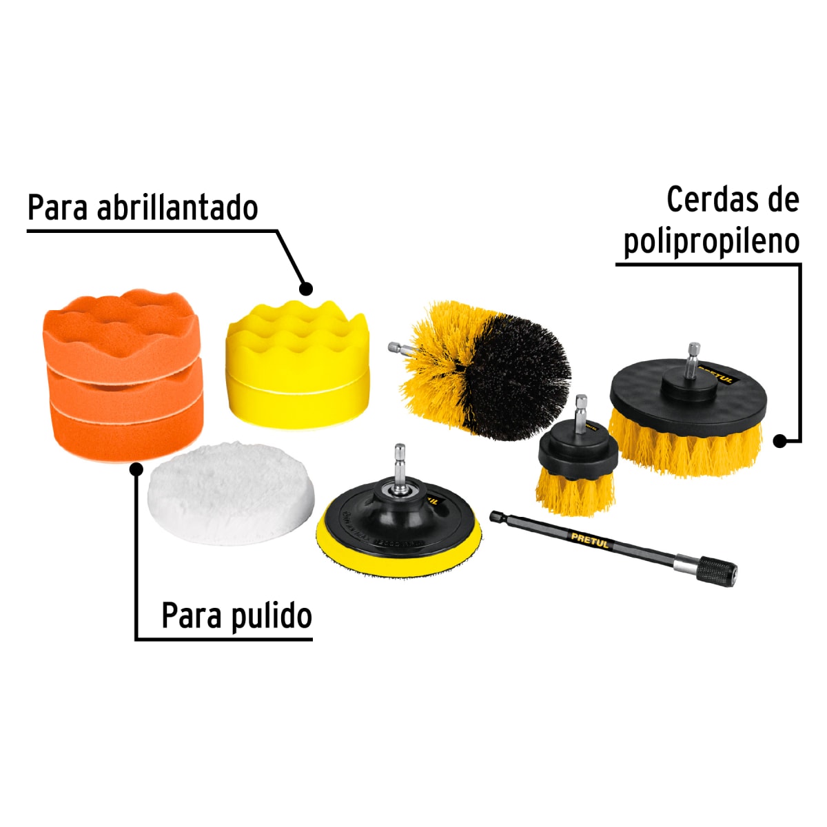 JUEGO 11 ACCESORIOS DE LIMPIEZA Y PULIDO P/TALADRO PRETUL JCE-11P3