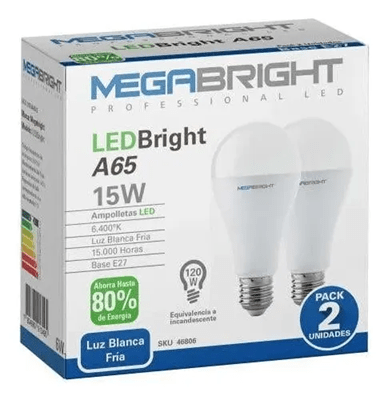 PACK 2 AMPOLLETAS LED A65 15W /6400K E27 MEGABRIGHT1