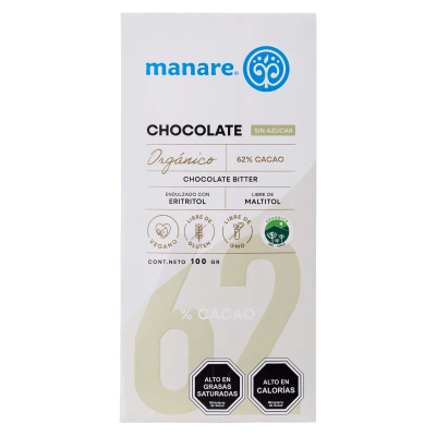 Barra de chocolate sin azúcar 62% cacao orgánico 100g manare1