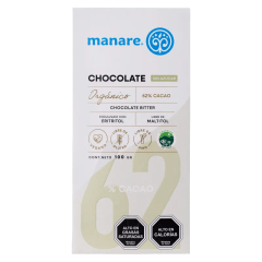 Barra de chocolate sin azúcar 62% cacao orgánico 100g manare