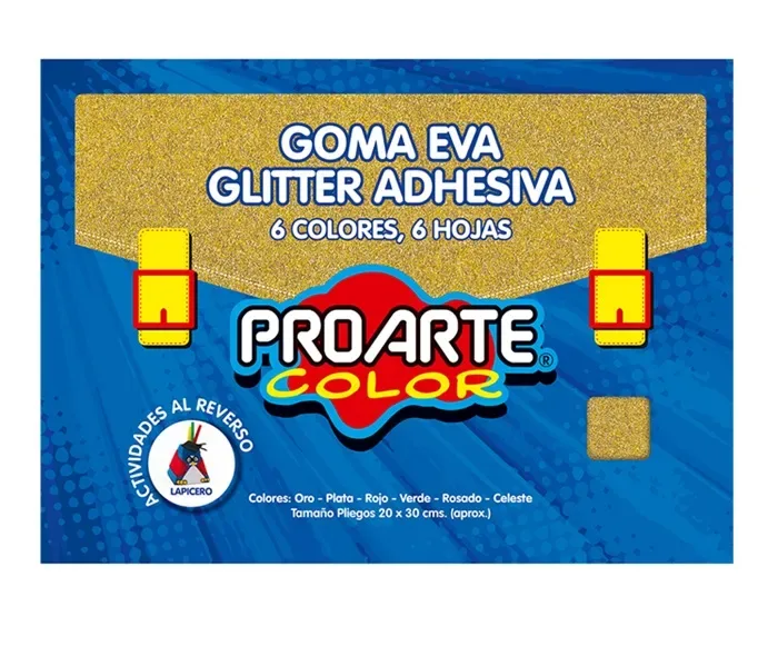 Estuche Goma Eva Glitter Adhesiva 6 colores 20x30 Proarte1