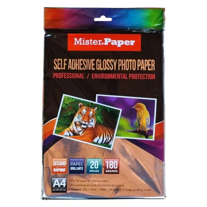 Papel Fotografico Adhesivo A4 20un 180g Brillante Mister Paper1