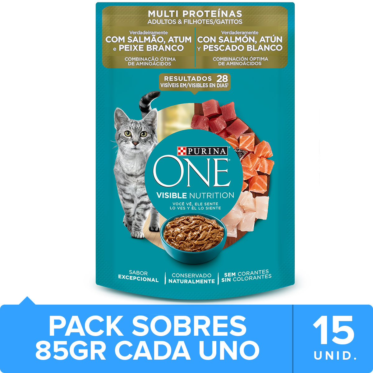 Purina One Pouch Gatos Adultos y Gatitos Sabor Salmón Atún y Pescado