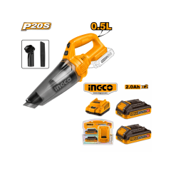 ASPIRADORA INALÁMBRICA 20V 0.5L (CVLI201261)+ 2 BATERÍAS 2.0 AH + CARGADOR 2A INGCO 0