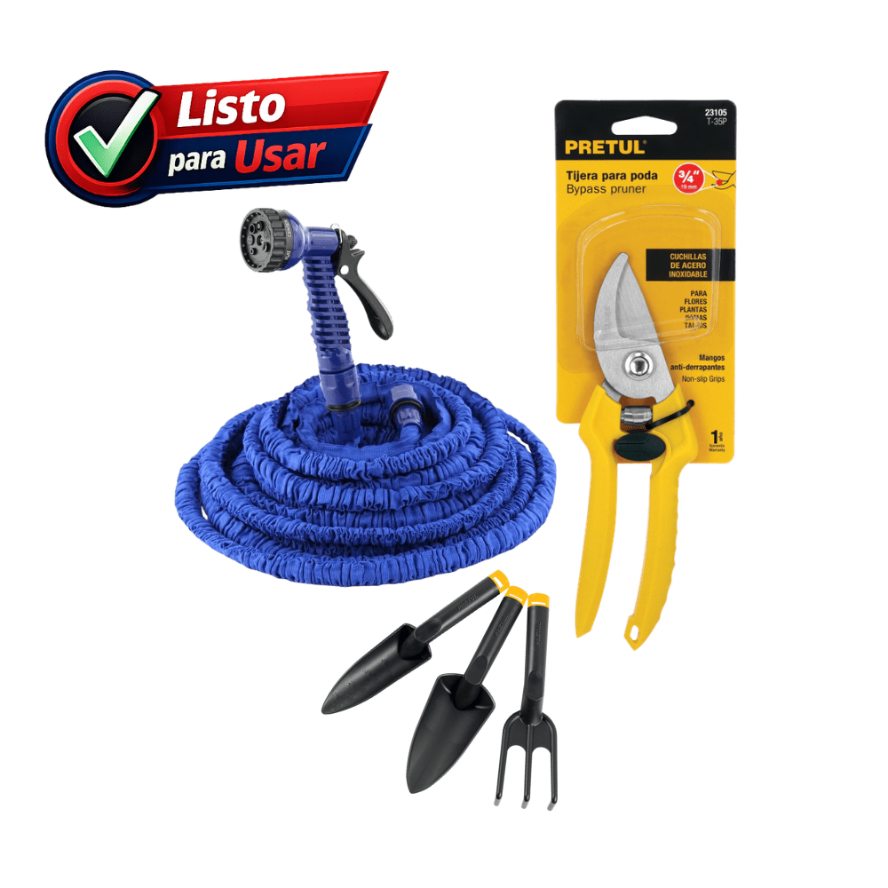 PACK MANGUERA EXPANDIBLE 15MTS + TIJERA PODAR ROSAS PRETUL+ ACCESORIOS JARDINERIA PRETUL1