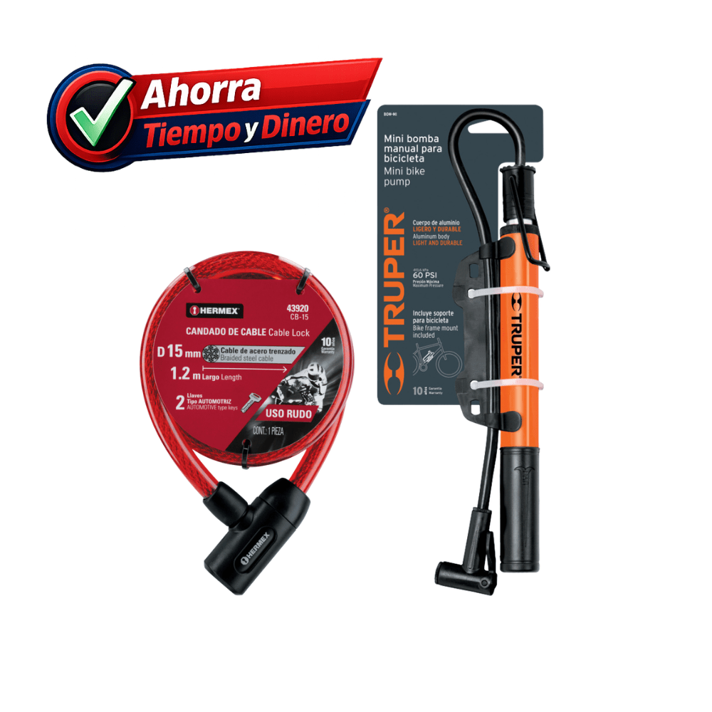 PACK CANDADO DE CABLE CON LLAVE 15MM x 1.20 MT PARA BICILETA HERMEX + MINI INFLADOR TRUPER1