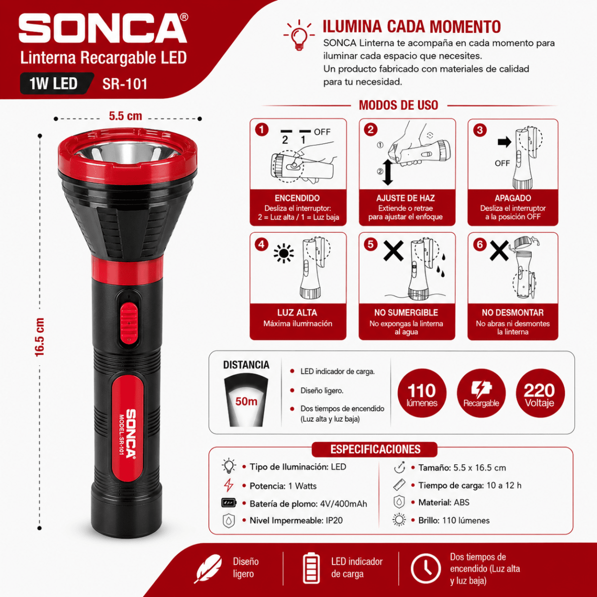 LINTERNA RECARGABLE LED 1W M/ SONCA4