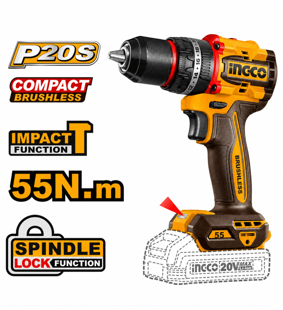TALADRO PERCUTOR 55NM 20V + 2 BATERÍAS 2AH (CIDLI20558) INGCO2
