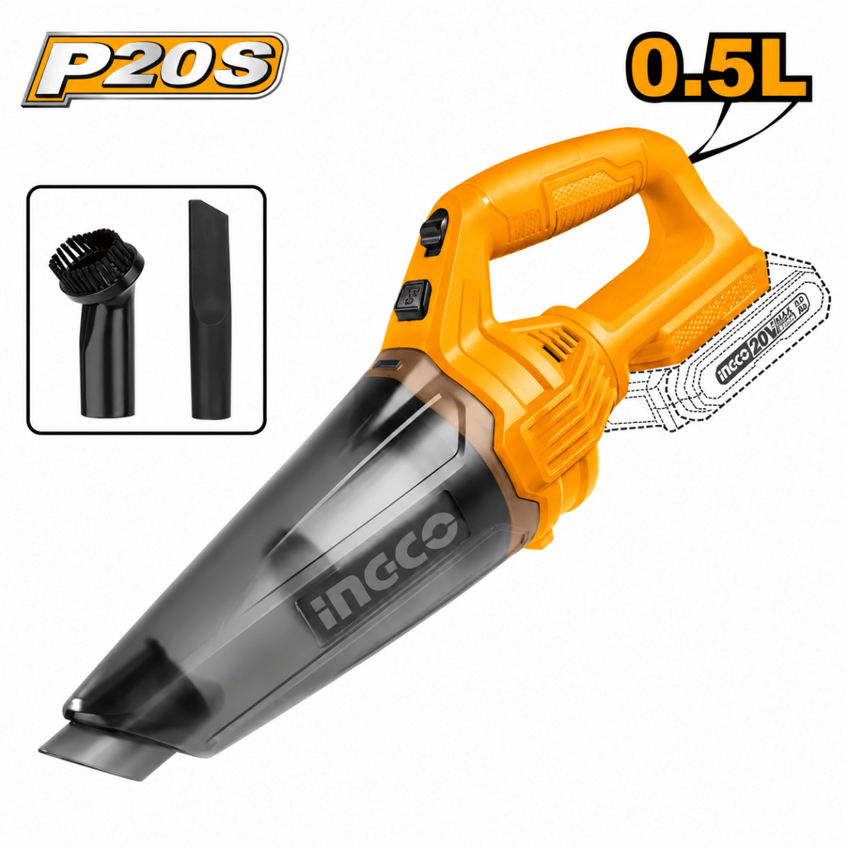 ASPIRADORA INALÁMBRICA 20V 0.5L (CVLI201261)+ 2 BATERÍAS 2.0 AH + CARGADOR 2A INGCO3
