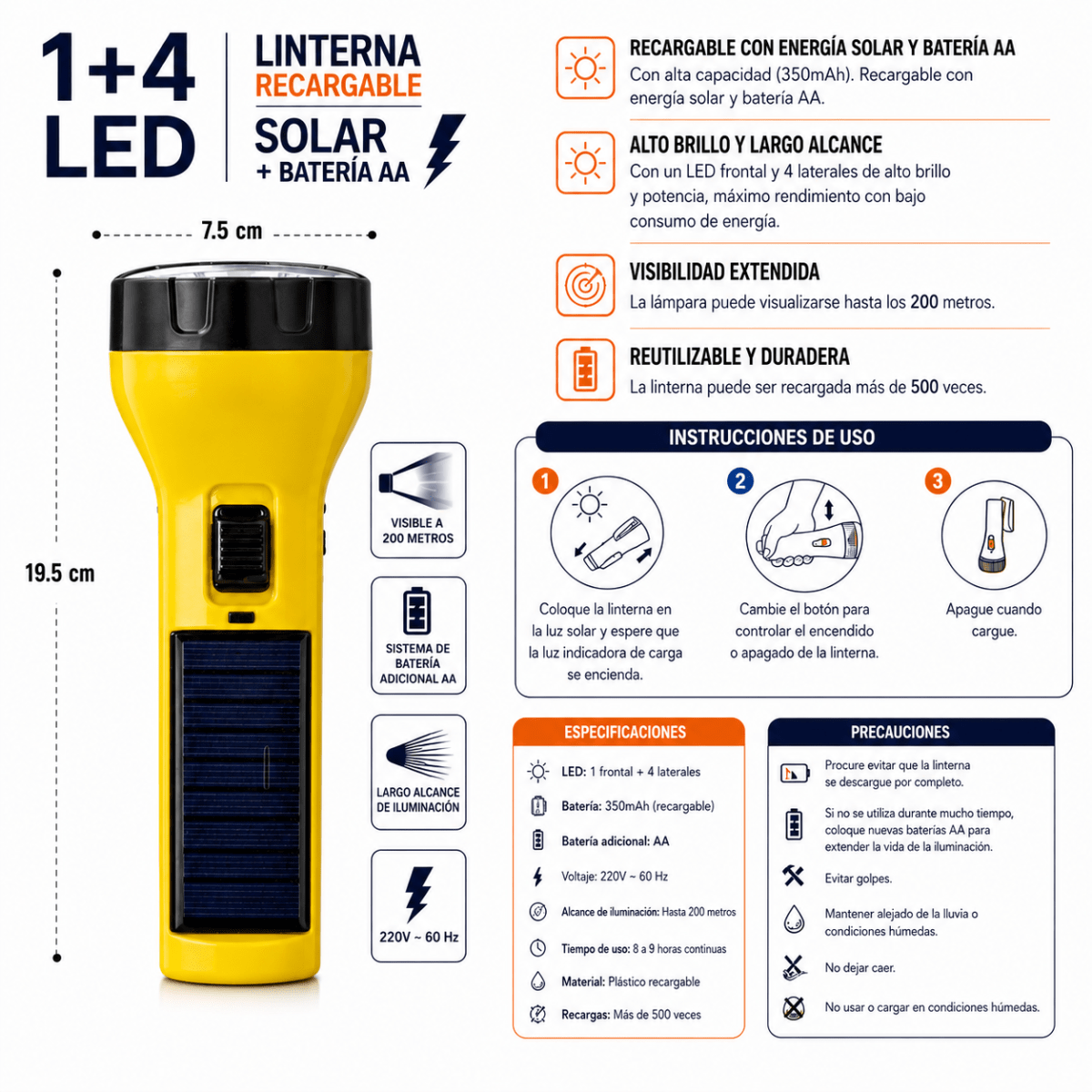 LINTERNA RECARGABLE SOLAR C/PILA AA HOME LIGHT4