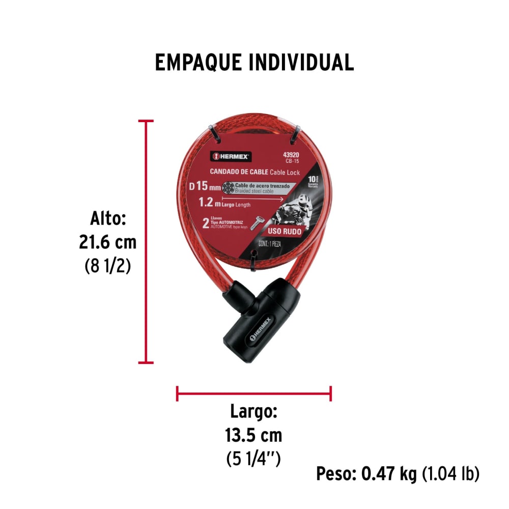 CANDADO DE CABLE CON LLAVE 15MM x 1.20 MT PARA BICILETA (43920) HERMEX4