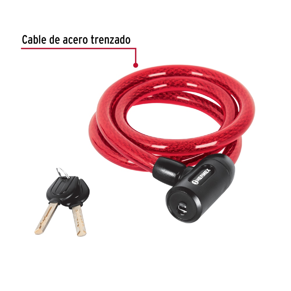 CANDADO DE CABLE CON LLAVE 15MM x 1.20 MT PARA BICILETA (43920) HERMEX3