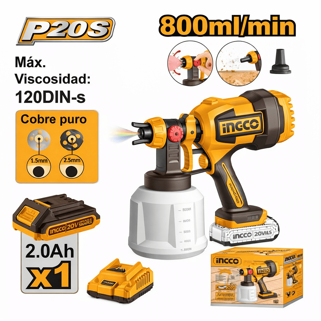 PISTOLA PARA PINTAR DE 800 ML 20v + BATERÍA + CARGADOR INGCO1