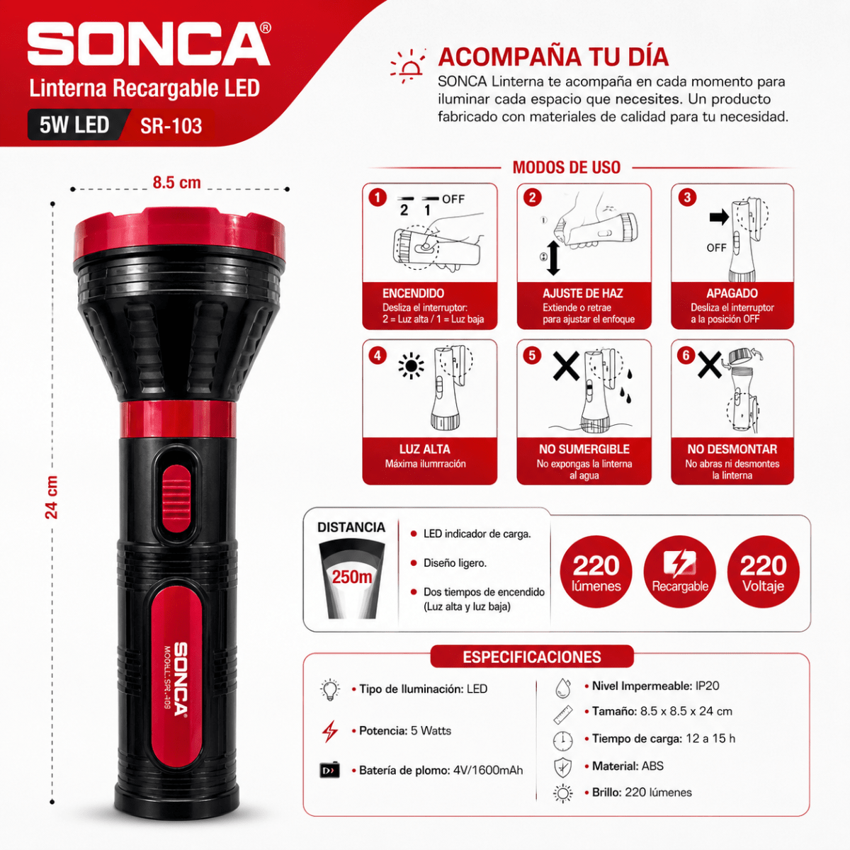 LINTERNA RECARGABLE LED 5W M/ SONCA4