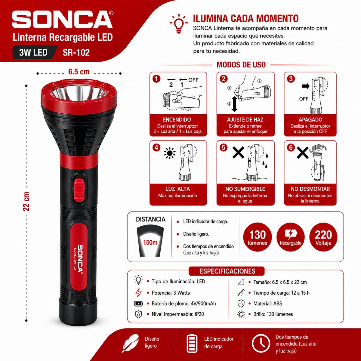 LINTERNA RECARGABLE LED 3W M/ SONCA4
