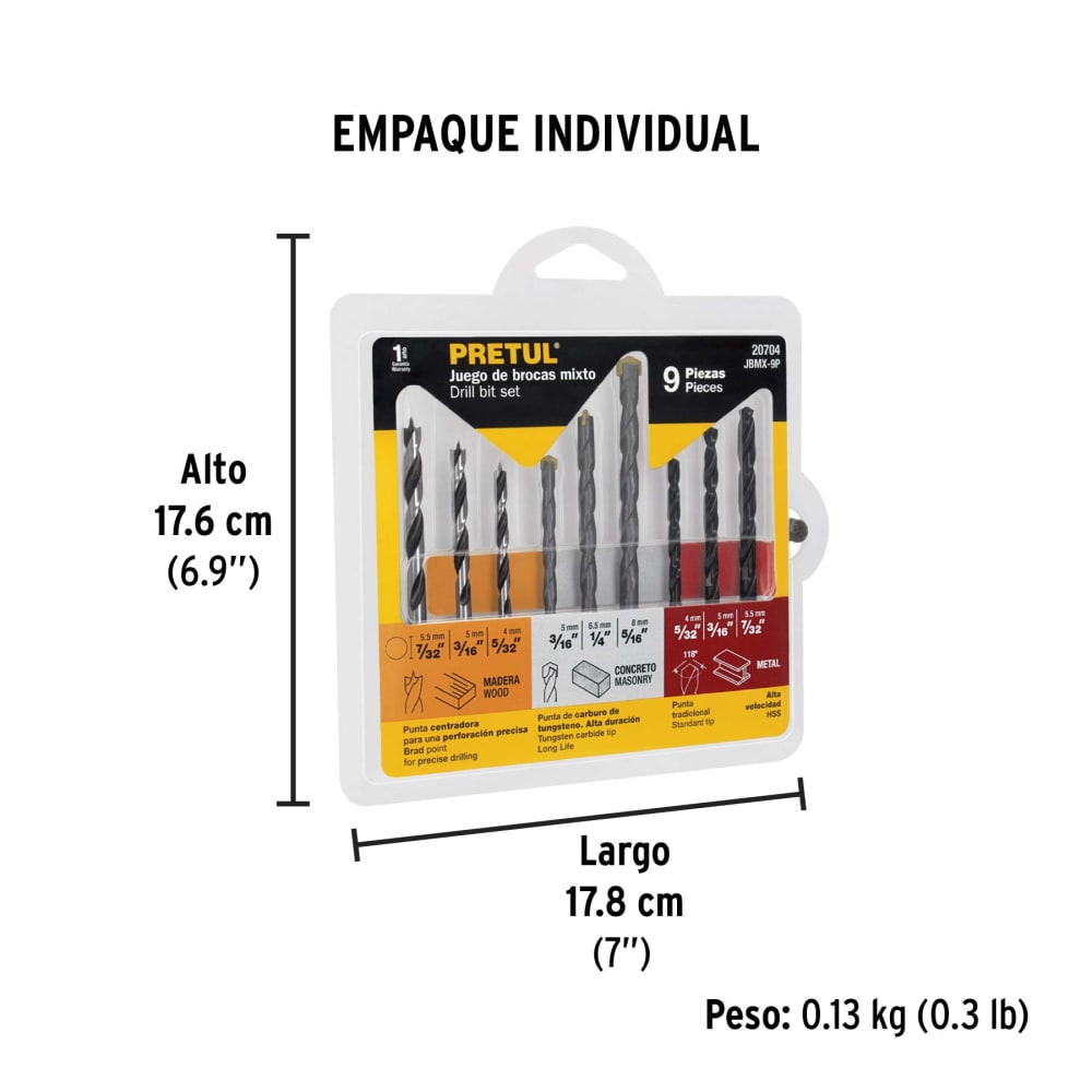 JUEGO DE 9 BROCAS PARA METAL CONCRETO Y MADERA PRETUL2