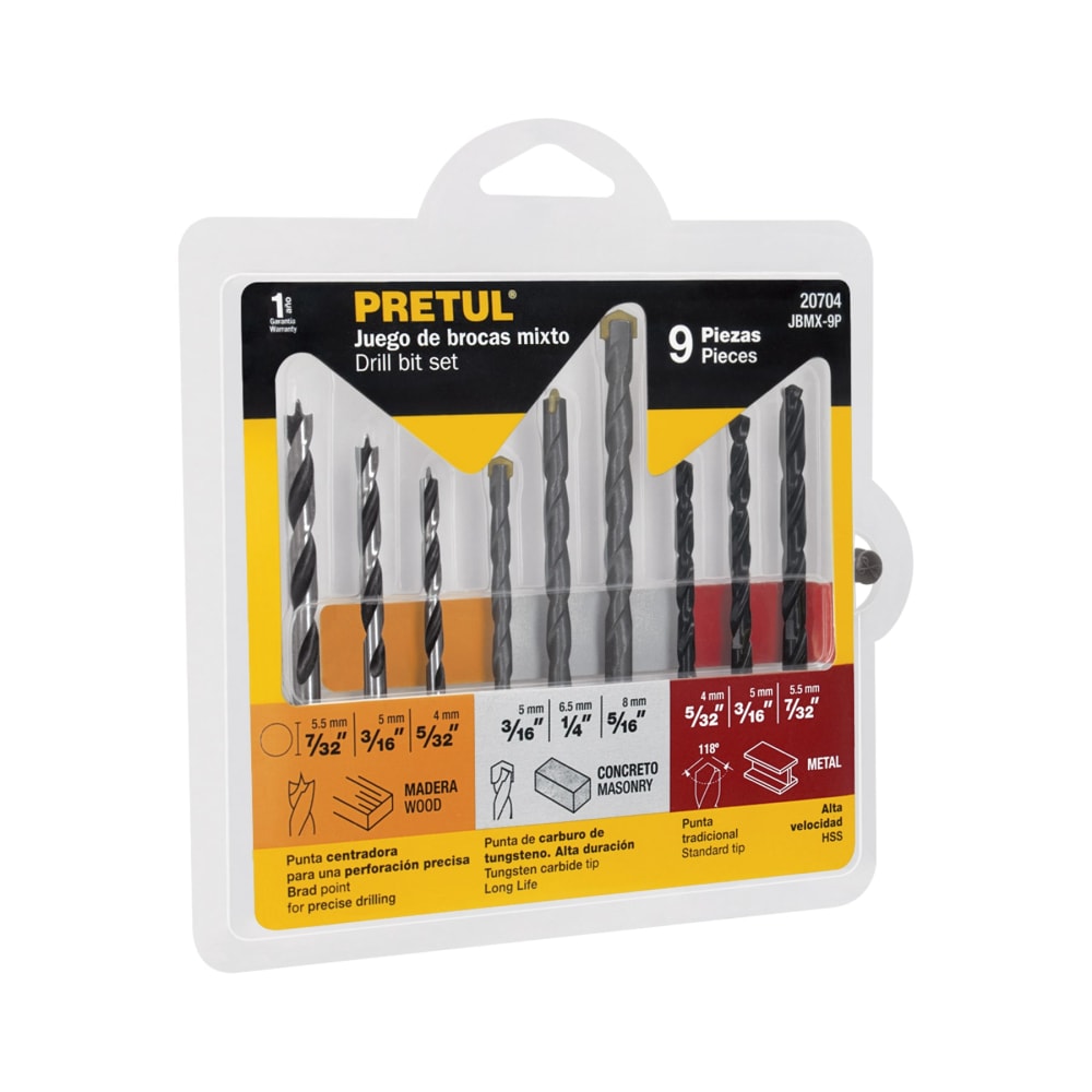 JUEGO DE 9 BROCAS PARA METAL CONCRETO Y MADERA PRETUL1