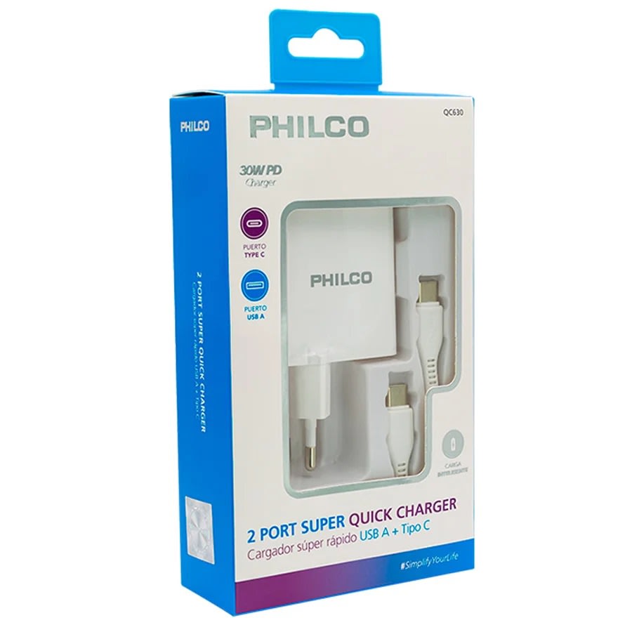 CARGADOR DE PARED PHILCO CARGA SUPER RAPIDO 30W  USB A - TIPO C1