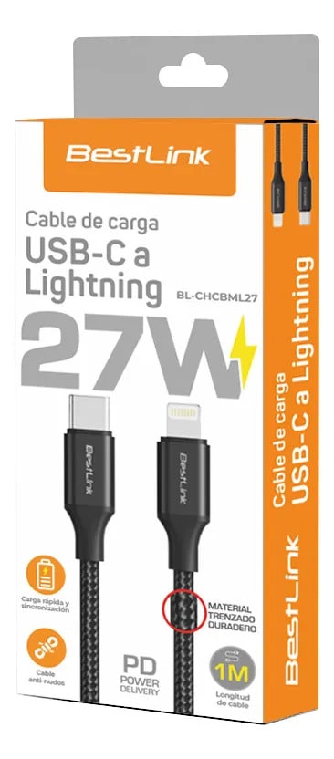 CABLE DE CARGA Y DATOS USB-C A LIGHTNING 1M 27W TRENZADO2