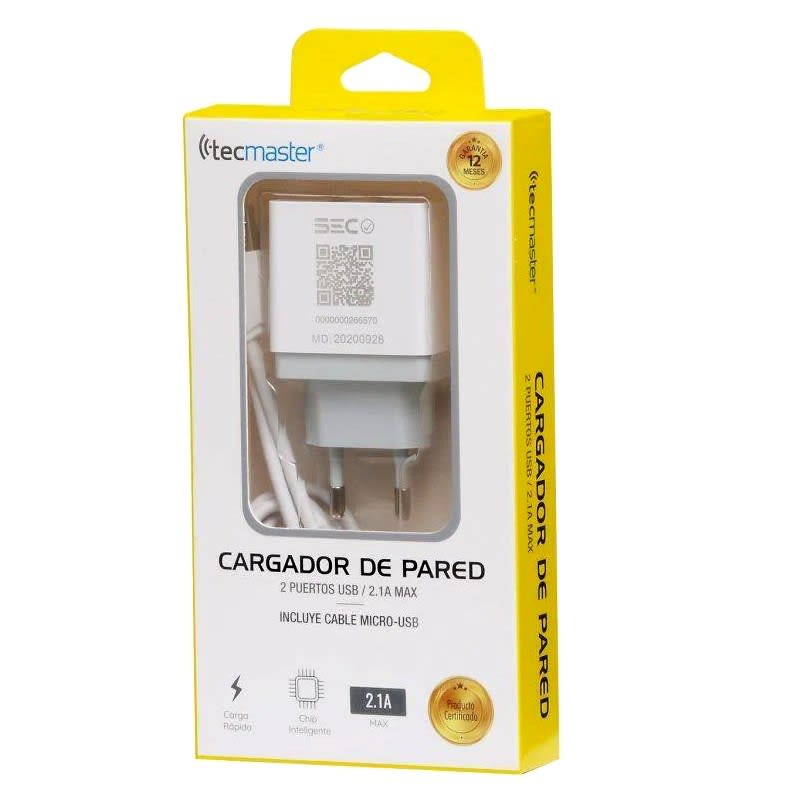 CARGADOR DE PARED DOBLE USB 2,1A CON CABLE MICRO USB1