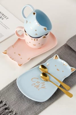 SET TAZA PLATO CUCHARA CON DORADO