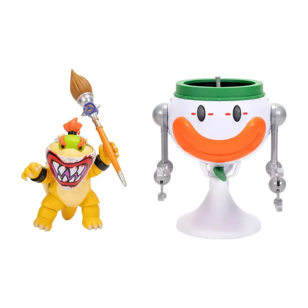 Figura Bowser Jr. 13 Cm Con Coche Payaso Y Pincel – Super Mario Galaxy, Pegatinas Activables Con Agua
