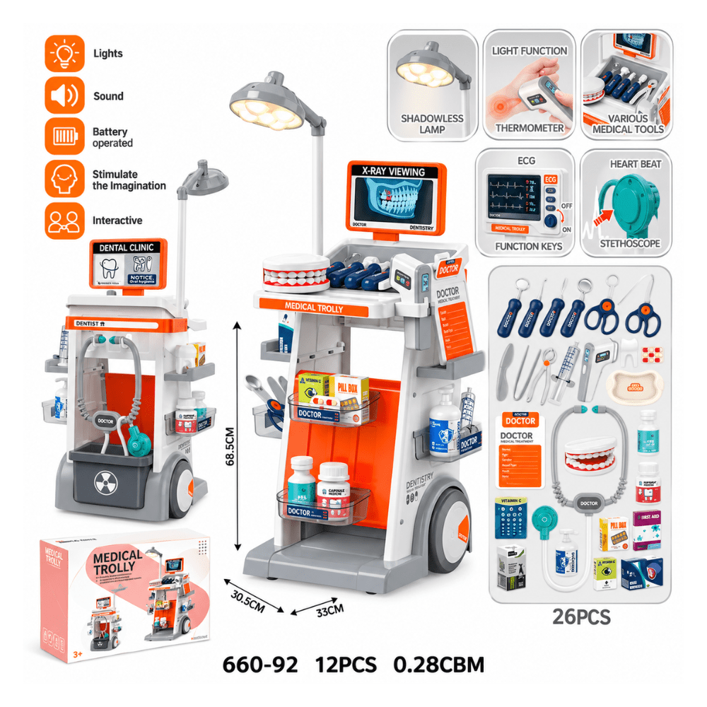 Carrito Médico Dental con Luz y Sonido con 26 accesorios de 68.5 cm de alto.3