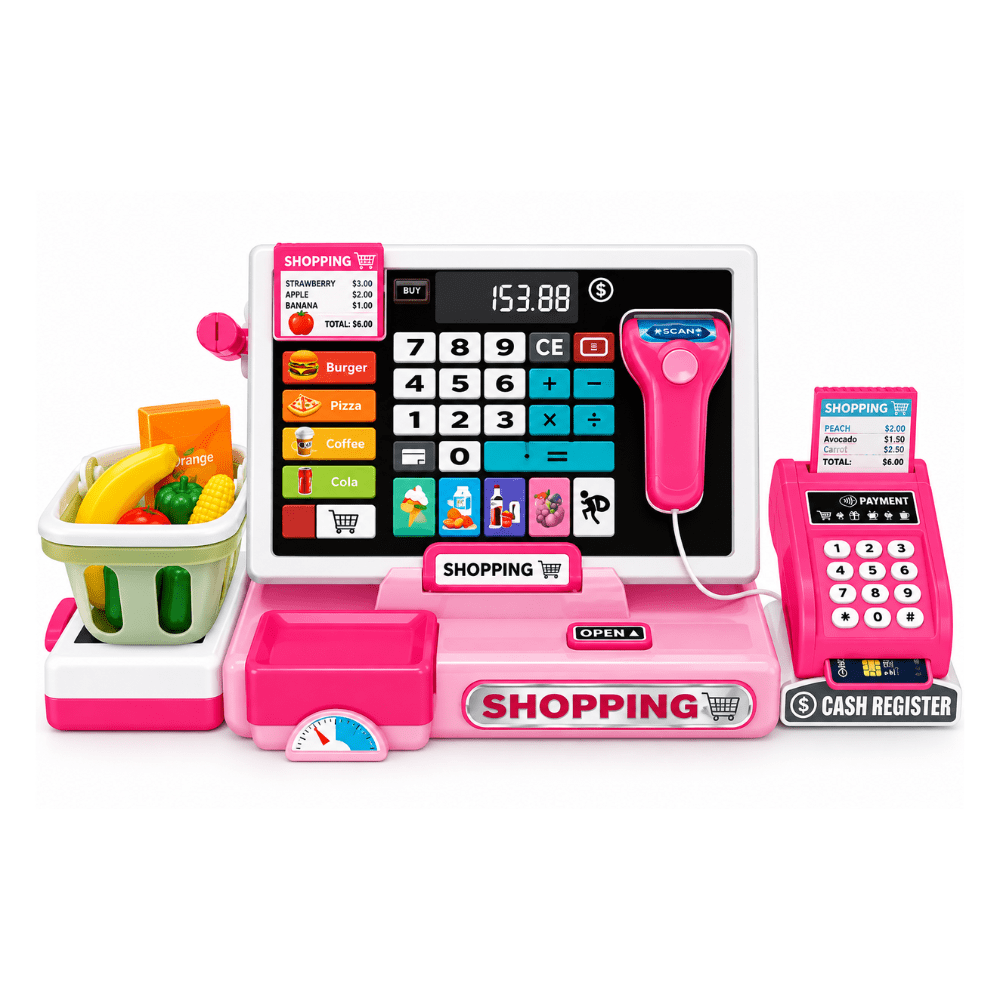 Caja registradora con luz, sonido, accesorios, balanza y calculadora real.1