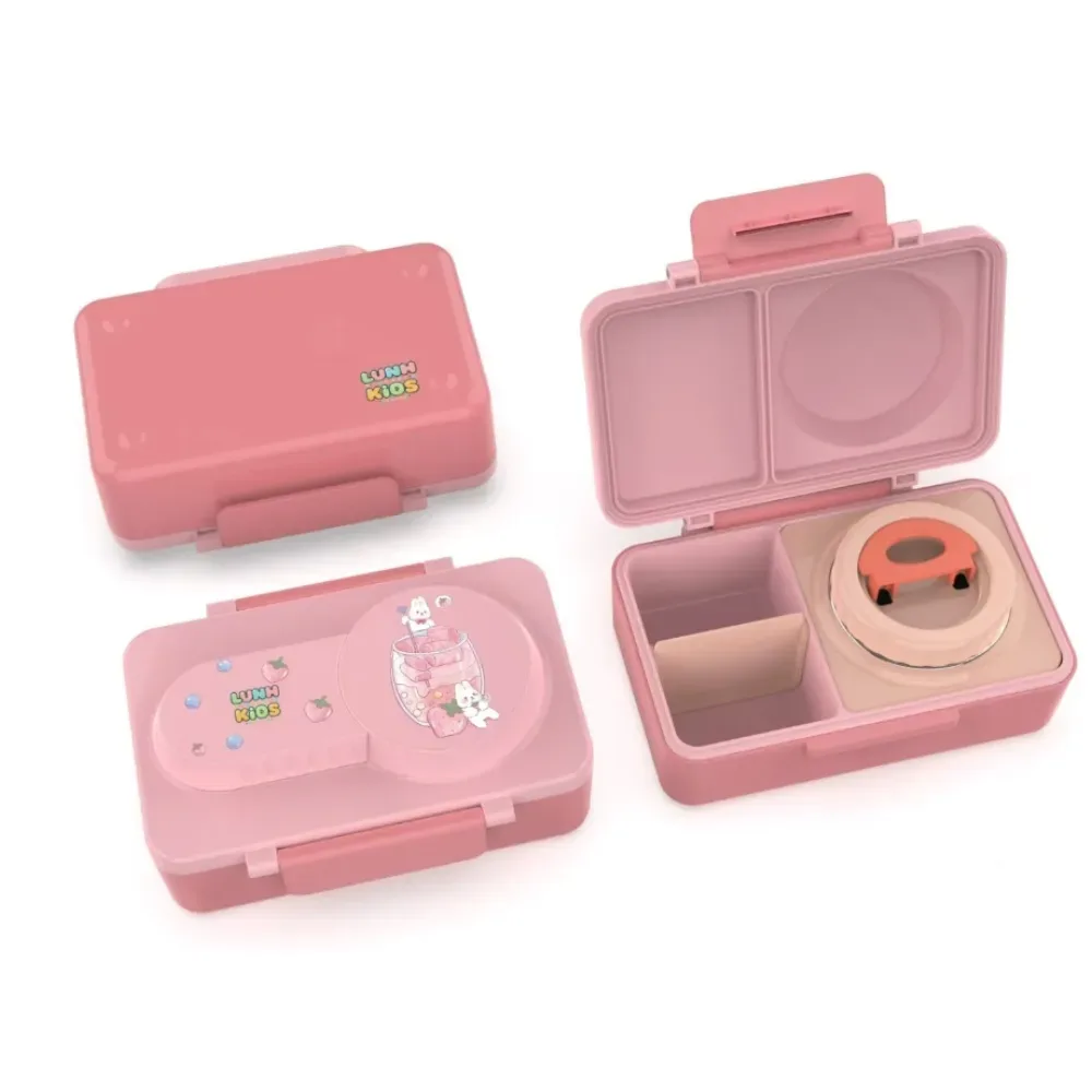 Lonchera Tipo Bento Rosada con Compartimentos Herméticos + 1Taper de Acero Inoxidable - Escolar1