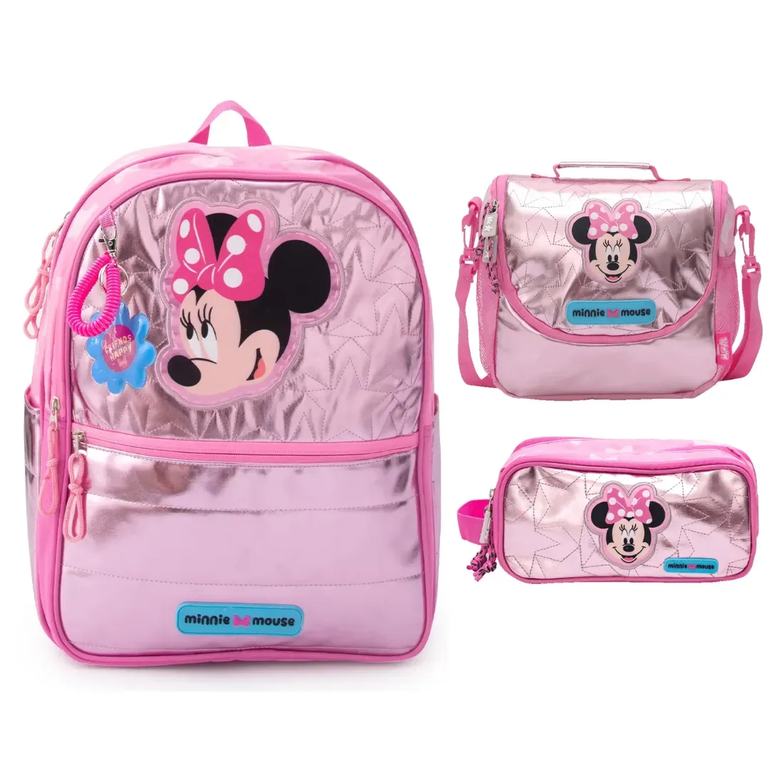 Set Escolar Mochila Lonchera Cartuchera Minnie Premium Oficio4