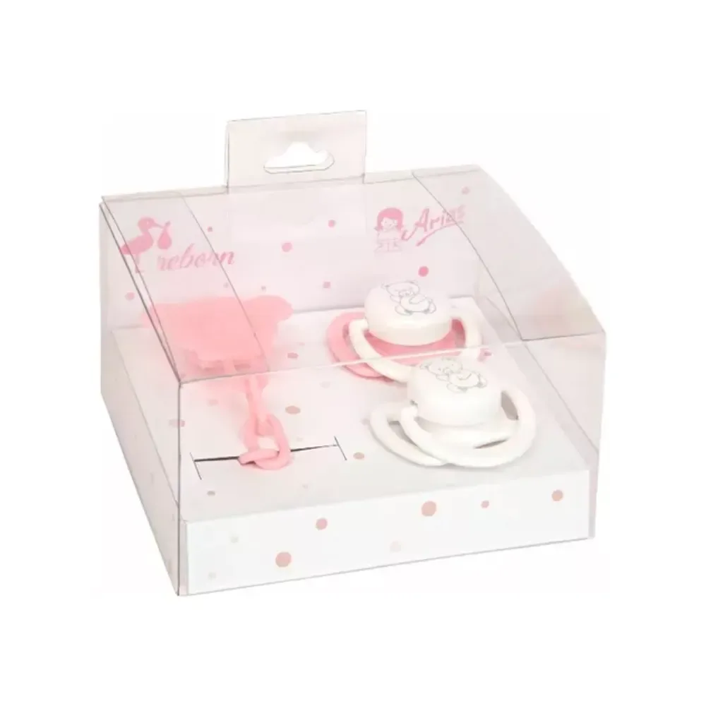 Set De 2 Chupetes Y Cadena Rosa Blanco Muñeca Reborn Arias3