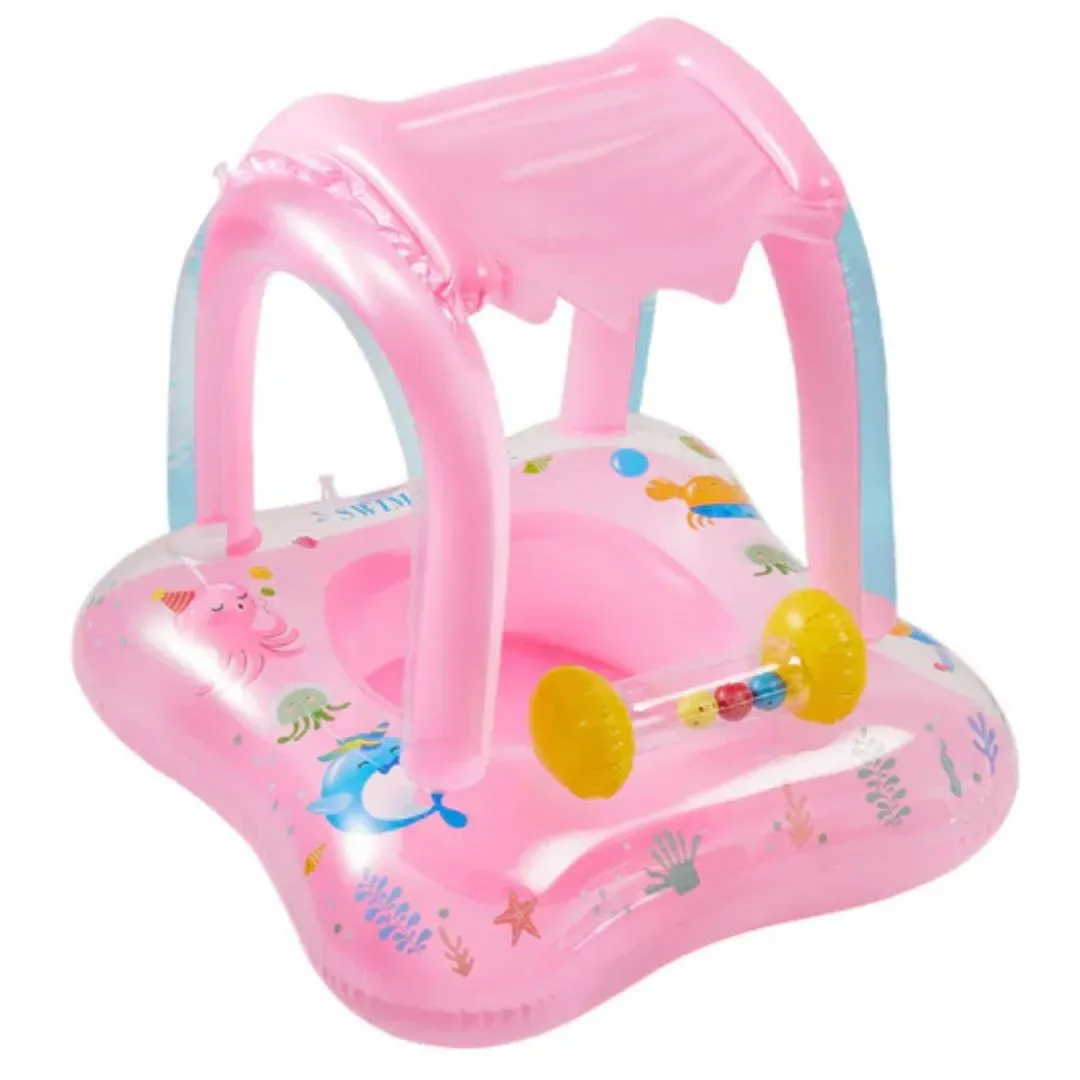 Asiento Flotador Inflable Con Techo Para Bebés Rosado1