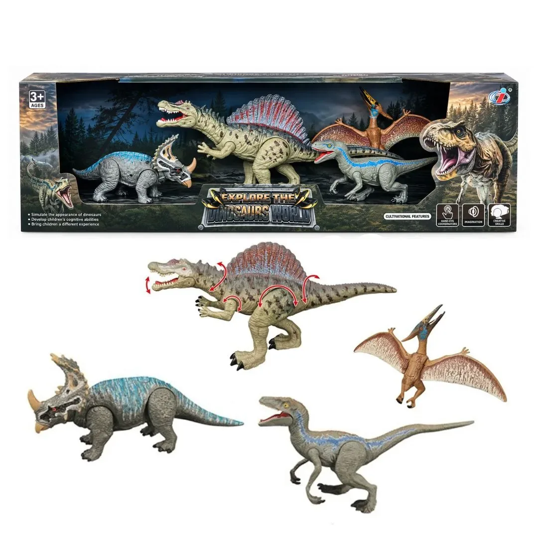 Dinosaurios De Juguete Pack x4 Velociraptor, Spinosaurus, Triceratops y Quetzacloatlus con sonido1