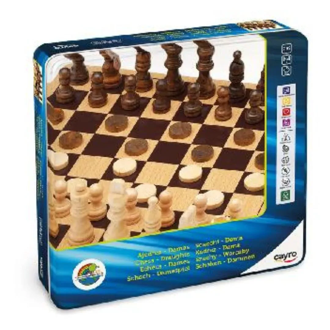 Juego de Mesa Ajedrez-Damas de Madera en Caja de Metal - Cayro2