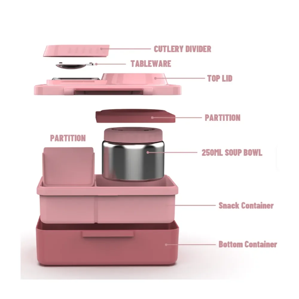 Lonchera Tipo Bento Rosada con Compartimentos Herméticos + 1Taper de Acero Inoxidable - Escolar2