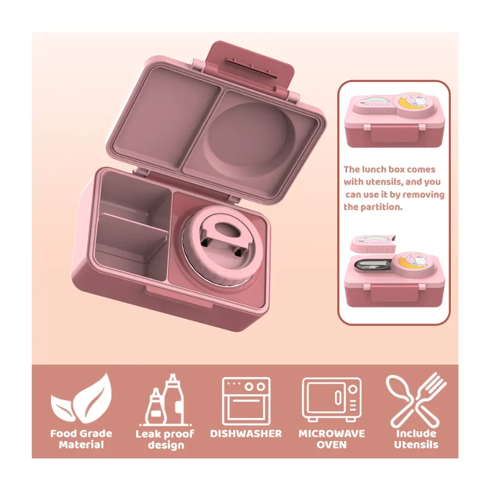 Lonchera Tipo Bento Rosada con Compartimentos Herméticos + 1Taper de Acero Inoxidable - Escolar4