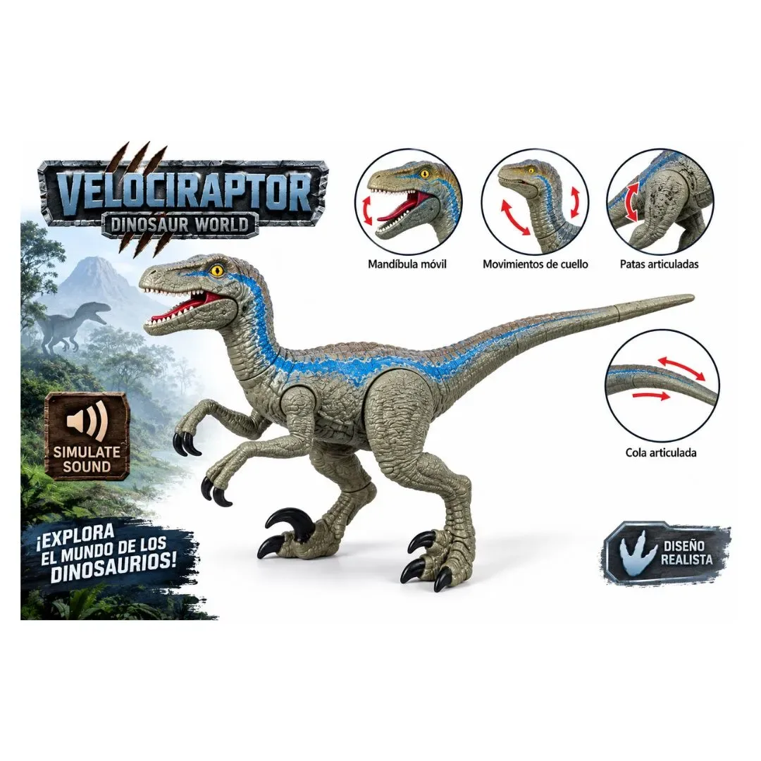 Dinosaurios De Juguete Pack x4 Velociraptor, Spinosaurus, Triceratops y Quetzacloatlus con sonido3
