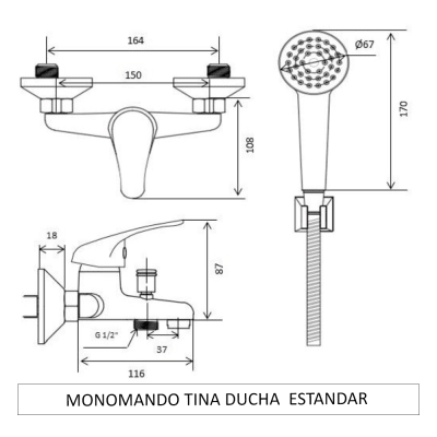 MONOMANDO TINA DUCHA  ESTANDAR HOFFENS