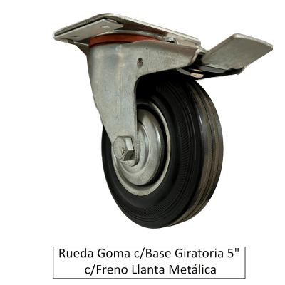 Rueda Goma con Base Giratoria c/Freno Llanta Metálica