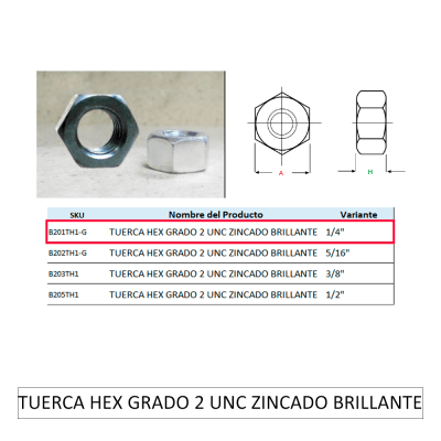 TUERCA HEX GRADO 2 UNC ZINCADO BRILLANTE