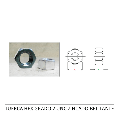 TUERCA HEX GRADO 2 UNC ZINCADO BRILLANTE