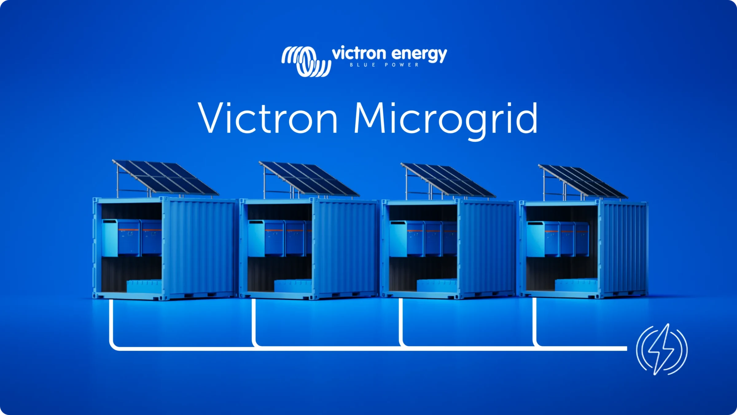 Ilustración conceptual de una microred Victron con varios bancos de energía conectados a una red común