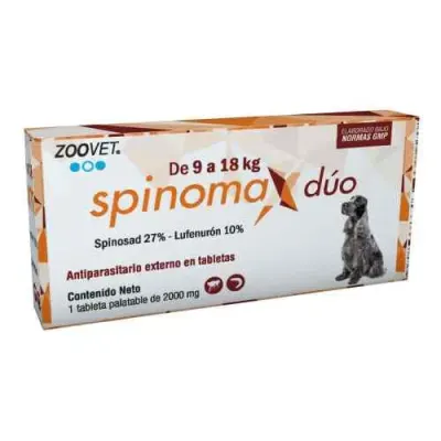 SPINOMAX DUO 9 A 18 KG (ANTIPARASITARIO EXTERNO ORAL A BASE DE SPINOSAD + LUFENURÓN)  - 1 UNID1