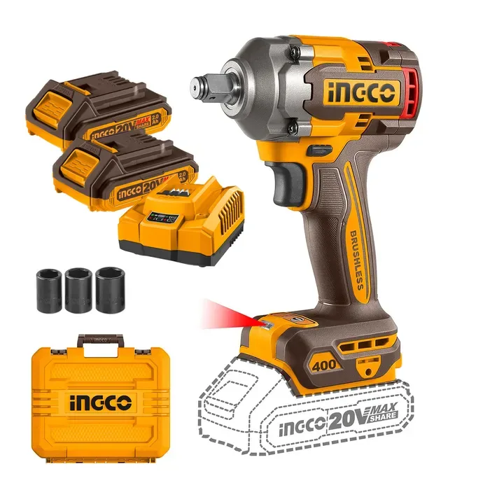 PISTOLA DE IMPACTO BL +2BAT 2AH Y CARG INDUSTRIAL 1/2 PULGADAS 20 V/400NM INGCO1